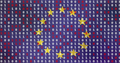 Poster - Binary code and stars image over blue background with red arrows
