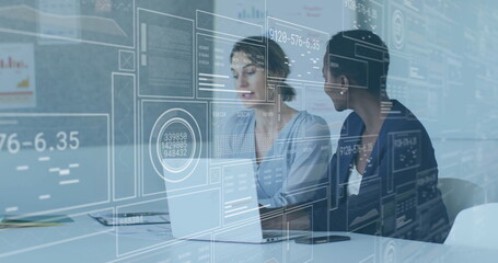 Wall Mural - Business data analytics image over two women discussing in office