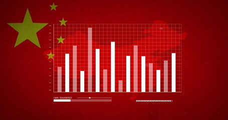 Canvas Print - Bar chart and data processing image over Chinese flag background