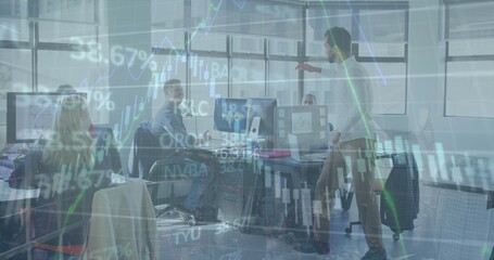 Poster - Image of financial data processing over diverse business people in office