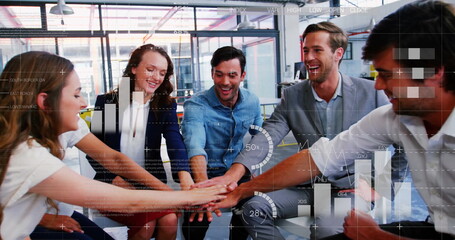 Poster - Image of financial data processing over diverse business people in office