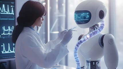 Poster - Female Scientist Examining a Humanoid Robot's Vital Signs