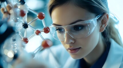 Poster - Female Scientist Examining a Molecular Model