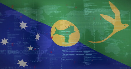 Poster - Digital data processing image over flag of Solomon Islands and world map