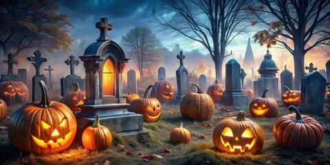 Wall Mural - Halloween pumpkins and tombstones decorating a spooky graveyard , Halloween, pumpkins, decorations, graveyard, spooky, tombstones