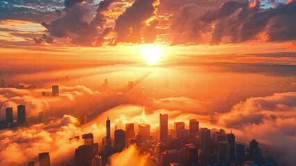 Poster - The sun rises dramatically, casting vibrant hues across the sky while illuminating a city skyline surrounded by a sea of clouds during dawn.