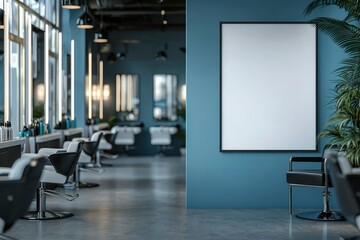 Wall Mural - Modern Barbershop Interior with a Blank Poster and Styling Chairs