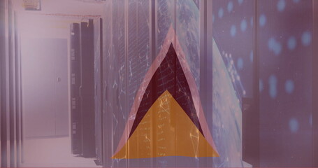 Poster - Abstract geometric shapes image over data servers in technology environment