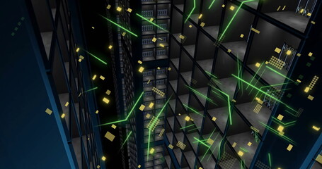 Poster - Image of circuit board and digital data processing over computer servers
