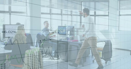 Poster - Image of financial data processing over diverse business people in office