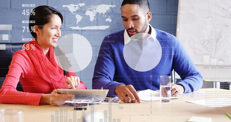 Poster - Image of financial data processing over diverse business people in office