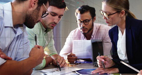 Poster - Image of financial data processing over diverse business people in office