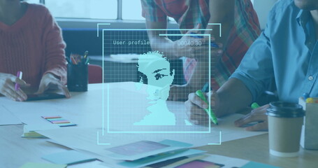 Poster - Image of portrait scans processing over diverse designers at design meeting