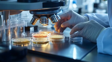 Poster - Gloved Hand Manipulating Petri Dishes Under a Microscope
