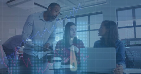 Poster - Image of financial data processing over diverse business people in office