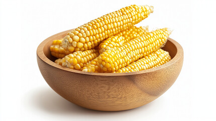 fresh corn on wooden bowl isolated on white background