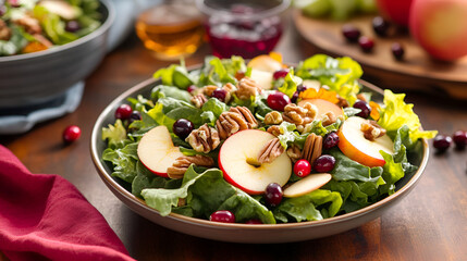 Wall Mural - Autumn Salad featuring a blend of mixed greens crisp apple slices crunchy nuts and tart cranberries