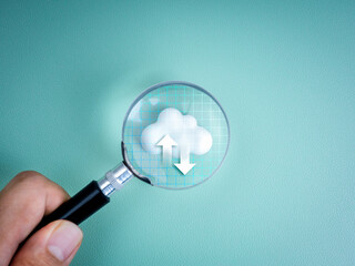 Poster - cloud computing infrastructure technology, data system storage service concept. arrows on white smal