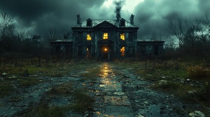 A dark, eerie mansion looms under stormy skies, with glowing windows.