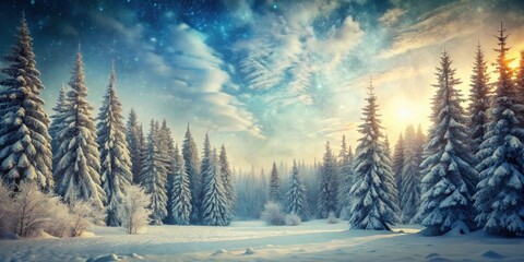 Wall Mural - Historic, retro style photo of snow-covered deep frozen forest , Snow, winter, nature, forest, trees, vintage, retro