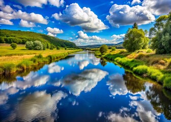 River flows calmly through the valley on a sunny day with bright blue sky and white clouds mirrored on its surface.