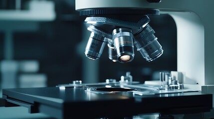 Poster - Close-up of a microscope with multiple lens objectives