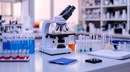 Poster - A Microscope, Test Tubes, and Notebook in a Laboratory Setting