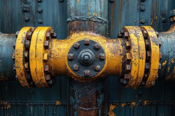 Poster - Close-up of a rusty yellow pipe with bolts and nuts, set against a weathered blue metal background.