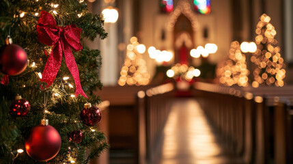 beautifully decorated Christmas tree with red ornaments and ribbon stands in church, creating warm and festive atmosphere. soft glow of lights and additional trees in background enhance holiday