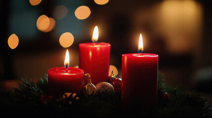 warm glow of red candles illuminates festive setting, creating cozy atmosphere during holiday season. soft bokeh of lights adds to enchanting ambiance