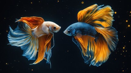  two betta fish with long tails, one gold and one silver, engaged in a fierce battle under a dark, moonlit sky. Their vibrant colors stand out dramatically against the shadowy lunar backdrop. 