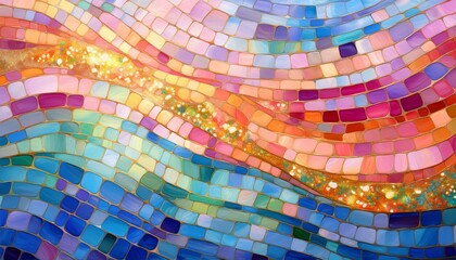 Wall Mural - A vibrant and colorful mosaic with flowing waves of pink, blue, and gold tiles. Ideal for use in creative designs, backgrounds, or decorative art projects.