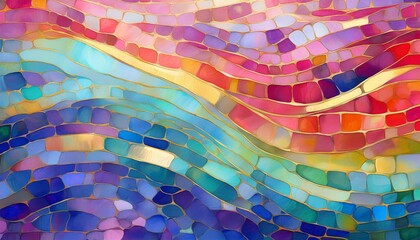 Wall Mural - A colorful flowing mosaic of red, blue, purple, and gold tiles. Perfect for art projects, backgrounds, interior design, or decorative elements.