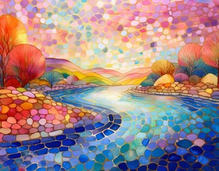 Wall Mural - A vibrant mosaic landscape of colorful hills and a flowing river. Ideal for use in decorative art, home decor, background elements, or as an inspirational design.