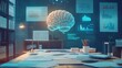 © Dragon42 - Futuristic Office with Holographic Brain and Data Charts on Screens, Modern Workspace Concept