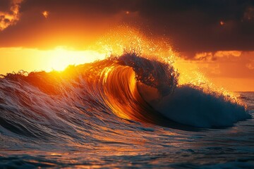 Wall Mural - A Large Wave Illuminated by the Setting Sun