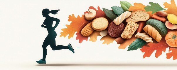 A silhouette of a person running, shedding layers of unhealthy foods that dissolve into leaves, symbolizing weight loss and lifestyle change