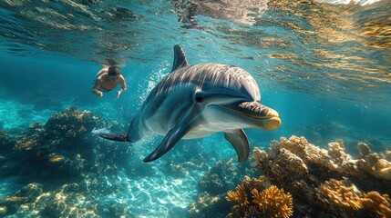 A diver swims alongside a dolphin in a vibrant underwater scene.