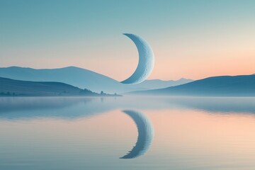 Wall Mural - A Crescent Moon Hanging Over a Misty Lake and Mountain Range