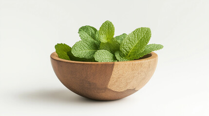 mint in wooden bowl isolated on white background