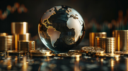 Glass globe and stacks of gold coins representing global finance and wealth