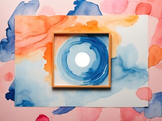 Wall Mural - blue watercolor paint background design with colorful orange pink borders