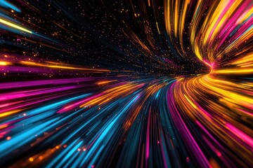 Fototapete - Vibrant light trails swirl in a cosmic tunnel of color, creating a dynamic and energetic visual experience.