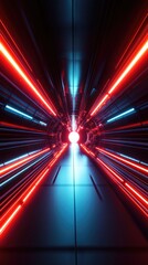 Fototapete - A futuristic tunnel illuminated by vibrant red and blue lights, creating a sense of speed and dynamic movement.