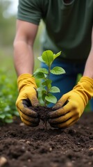 Person planting a young tree with yellow gardening gloves