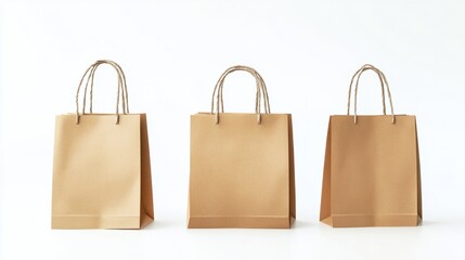 Leinwandbilder - A clean, symmetrical set of three paper shopping bags with handles, isolated on white