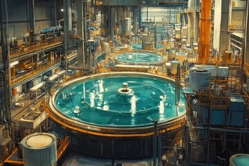 Poster - A large industrial facility with multiple large circular tanks containing blue liquid. The tanks are surrounded by pipes, machinery, and other industrial equipment.