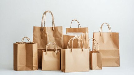 A set of recycled paper shopping bags in natural tones, arranged on a white backdrop