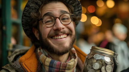 Happy man in glasses and winter clothes smiles while holding a jar full of coins, conveying a positive and cheerful vibe, possibly suggesting saving or collecting.