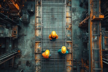 Poster - Three construction workers wearing hard hats stand on a metal walkway in a factory.